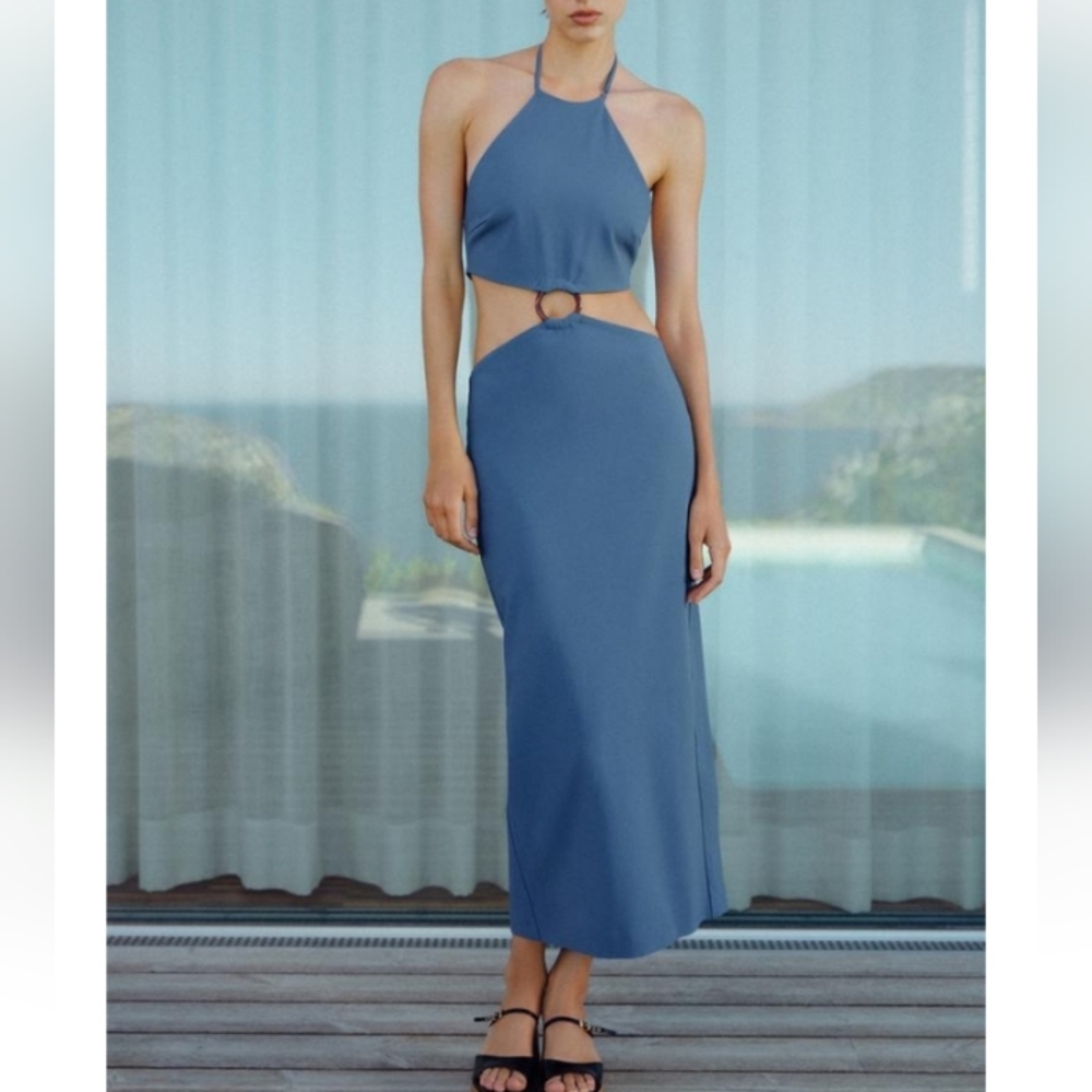 Zara Cut Out Midi Blue Halter Dress Sz-S